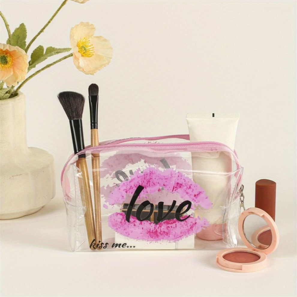 Lip & Letter Print Makeup Bag PVC Waterproof Zipper Roomy Makeup Pouch Travel Portable Makeup Accessories Organizer Female Gift