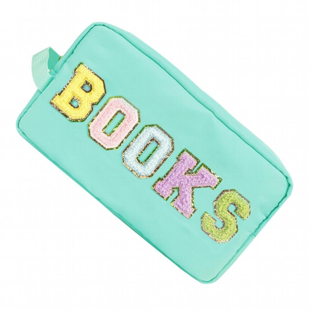 Multicoloured Preppy Makeup Bag With Strap Nylon Waterproof Travel Toiletry Bag For Student Preppy Stuff Chenille Letter Patch Cosmetic Pouch With Zipper Birthday G