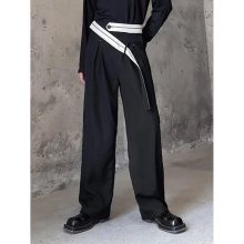 Belt Straight Mens Pants Wide Leg Contrast Autumn Male Trousers 2A5259