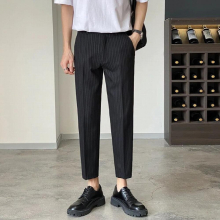 Suit Pants Mens Striped Summer Thin Elastic Casual Pants Men Drape Slim Striped Trousers Male Business Office Suit Pantalones