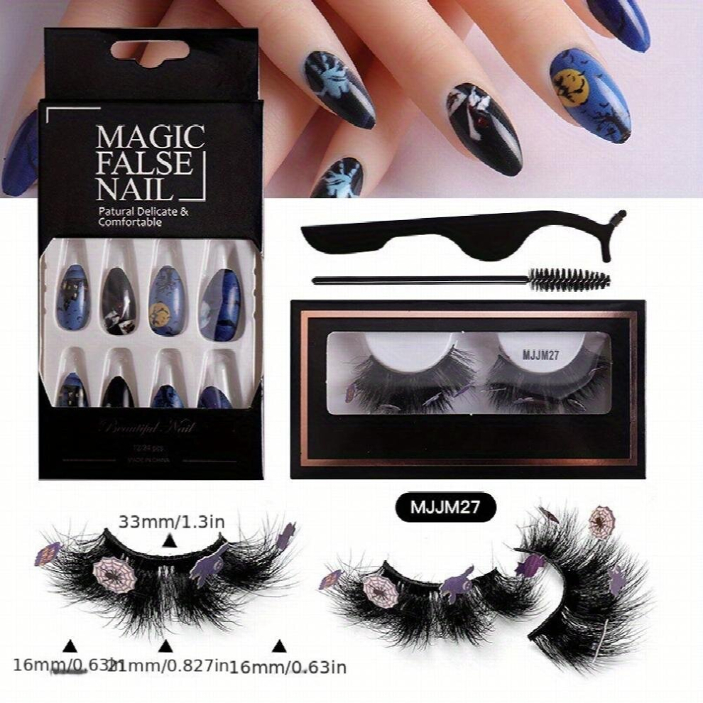 Halloween Nail And Eyelash Set 1pair Mink False Eyelashes Multilayer Thick Messy False Eyelashes 8D Curl Eyelashes & 24 Nail Pieces Colored Halloween
