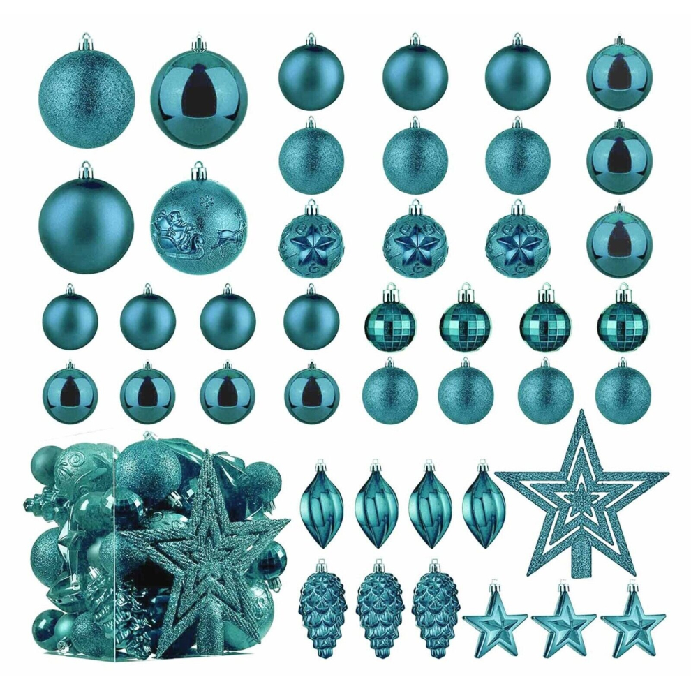 (Teal Blue) Xmas Tree Decorative Bauble Set Shatterproof Balls Star Ornaments Christmas Gift