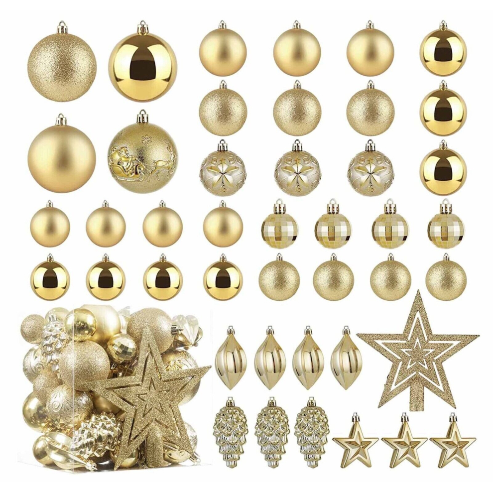 (Gold) Xmas Tree Decorative Bauble Set Shatterproof Balls Star Ornaments Christmas Gift