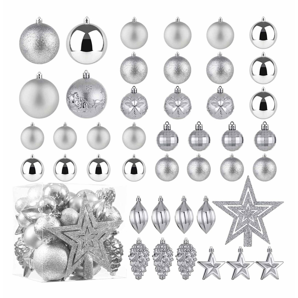 (Silver) Xmas Tree Decorative Bauble Set Shatterproof Balls Star Ornaments Christmas Gift