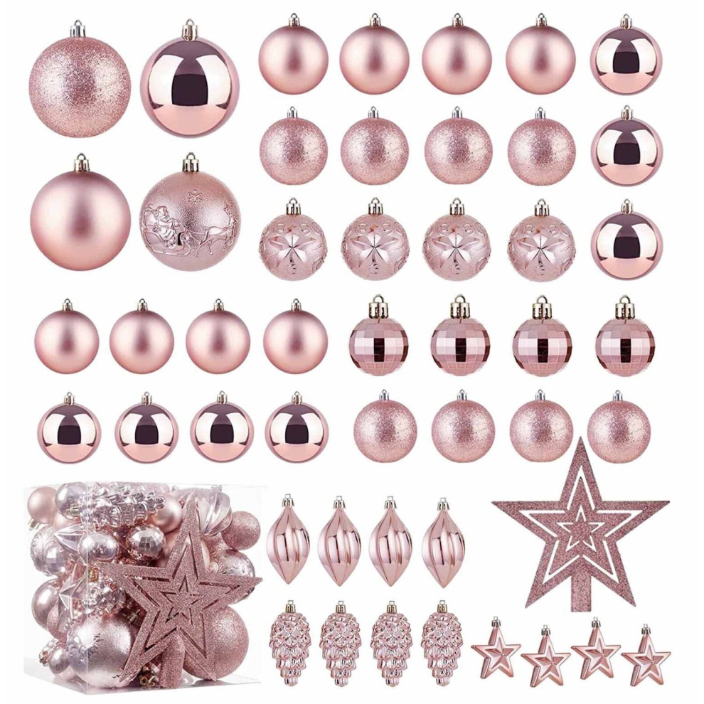 (Baby Pink) Xmas Tree Decorative Bauble Set Shatterproof Balls Star Ornaments Christmas Gift