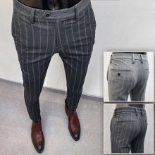 Mens casual pure cotton slim-fitting pants for fall/winter striped drape business suit trousers