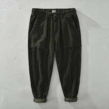 1633 Men Corduroy Pants Casual Japan Style Retro Loose Straight Thicken Outdoor Daily Artsy Pleated Cargo Trousers Male
