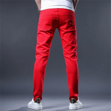 Jeans Mens Youth Slim Fit Stretch Spring and Autumn Red Casual Small Feet Stitching Ripped Trousers