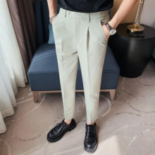 Solid Business Dress Pants Men Ankle Length Casual Slim Fit Suit Pants Elastic Waist Streetwear Office Social Trousers