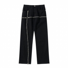 Cross Zipper Decorate Solid Mens Cargo Pants High Street Retro Straight Elastic Waist Casual Trousers Loose Overalls