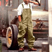 American Retro Mens Overalls Summer Solid Work Pants Loose Large Size Casual Overalls Vintage Mens Jumpsuit