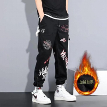 Mens Overalls Autumn and Winter Style Plus Velvet Hong Kong Wind Graffiti Street Pants