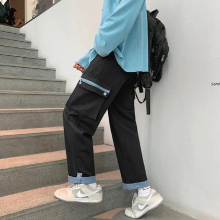 Flanging overalls mens loose straight tube spring and autumn versatile boys pants plaid hombre