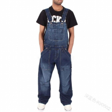 Men Denim Overalls Loose Spring and Summer Multi-pocket Buttons Washed and Worn Out Casual Home Outing Trousers