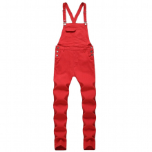 Mens Multi-Pocket Dungarees Red Ripped Suspender Denim Trousers