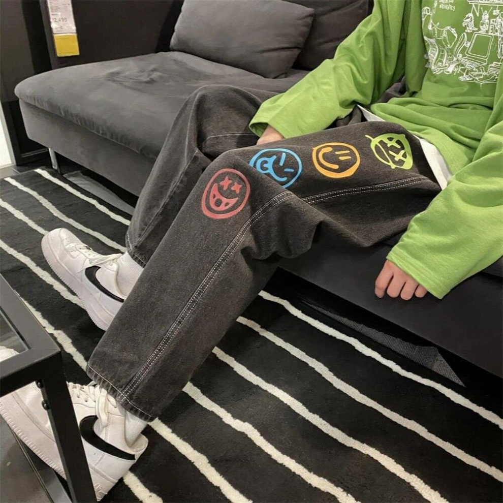 Mens Smile Print Pattern Loose Jeans Spring Mens Street Clothes Goods Pants Denim Jogging Pants Mens Vintage Pants-image-OPC-PCQQYVJ-NEW