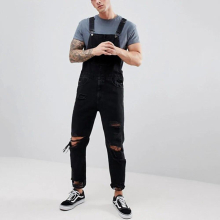 Mens Suspender Jeans Youth Big Ripped Suspender Trousers