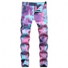 Mens Stretch Jeans Youth Casual Slim Printed Denim Trousers