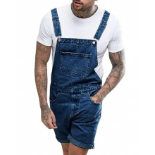 Mens Retro Denim with Hole Suspender Shorts One-Piece Working Bib Top Pants
