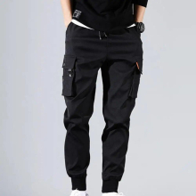 Bunched overalls with multi-pocket drawstring solid mens slacks with zipper