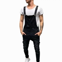 Retro mens ripped holes denim overalls ripped trousers jeans jumpsuit bib daily life office