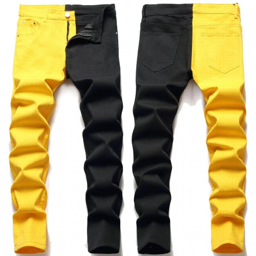 Mens Micro Elastic Jeans Teenagers Dual-Color Patchwork Jeans 1