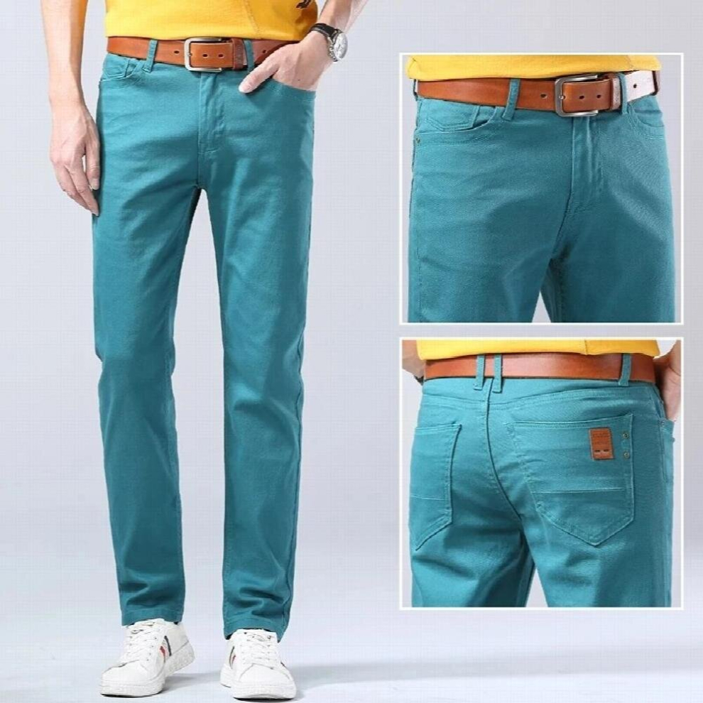 Classic Style Mens Jeans Business Casual Straight Slim Fit Denim Stretch Trousers Green Yellow Red Male Pants-image-OPC-PCQR75B-NEW