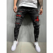 Style Men Twill Ripped Stitching Plaid Jeans Boys Spring and Autumn Tights and High-Waist Trousers Black/Blue/Grey S -XXXL