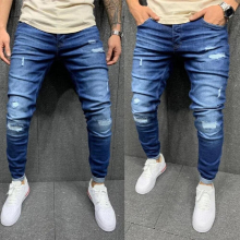 Mens Ripped Ankle-Tied Stretch Jeans Teenagers Ripped Skinny Jeans