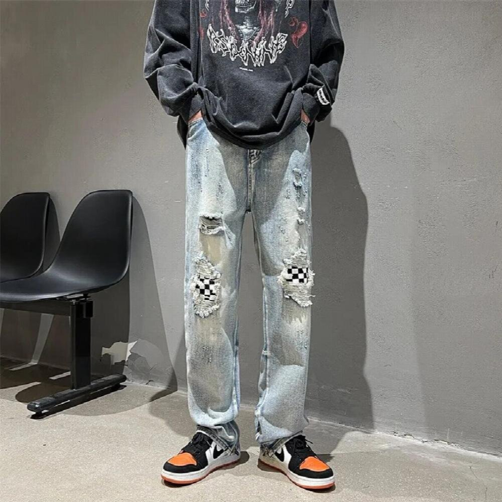 Men Checkerboard Jeans Hole Patchwork Trousers High Street Straight Pants Casual Streetwear Light Pant-image-OPC-PCQR7QR-NEW