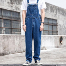 Mens Denim Overalls Loose Straight Cargo Denim Suspenders Retro Jumpsuit