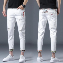 Summer Youth Elastic Casual Slim Stitching Embroidery Teenager Cowboy Pencil Jeans Streetwear Men