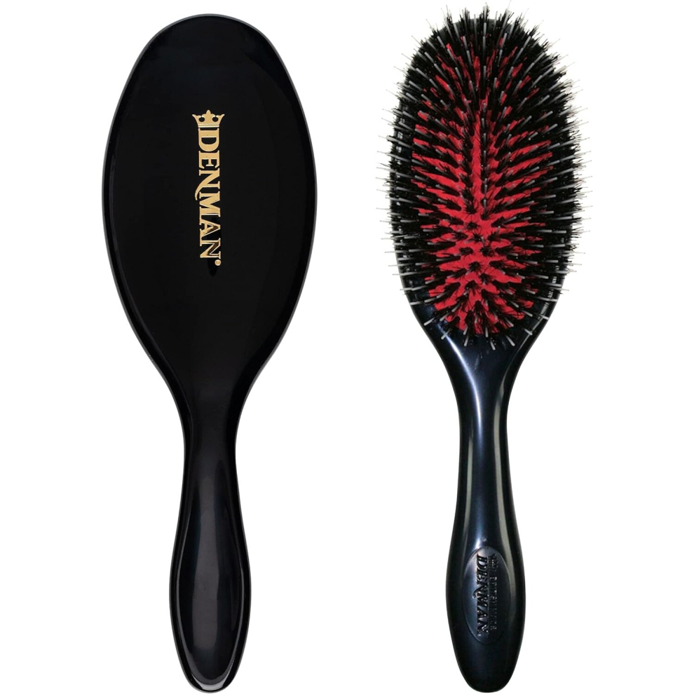 Denman Cushion Hair Brush (Medium) Soft Nylon Quill Boar Bristles Detangle shine adds gloss shine hair gently smooths curls fly-aways Black D81M