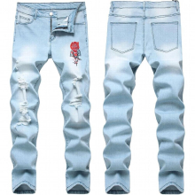 Mens Embroidered Jeans Youth Autumn Stretch Slim Embroidered Jeans