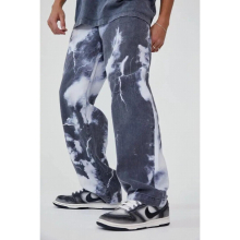 Mens High Street Washed Tie-Dye Printed Denim Trousers Teenagers Hip Hop Wide Leg Straight Jeans