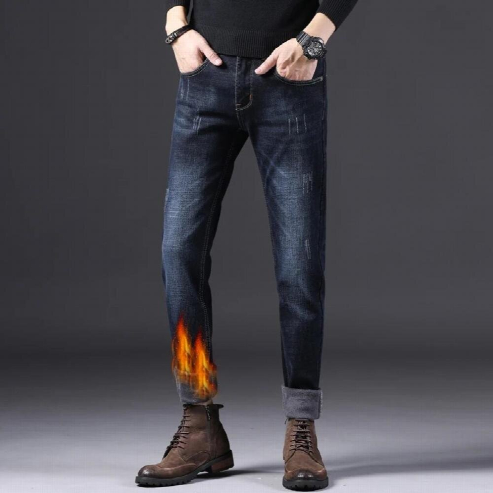 Winter Jeans Men Thicken Fleece Jeans Stretch Slim Straight Dark Denim Warm Jeans For Men Long Pants-image-OPC-PCQR95Z-NEW