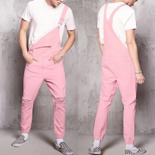Rompers Mens Jumpsuit Cotton Casual Male Denim Ripped Jeans Pants Pink Overalls conjunto masculino Size XXXL