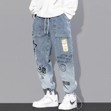 Young Men School Students Cartoon Denim Jeans Straight Harem Pants