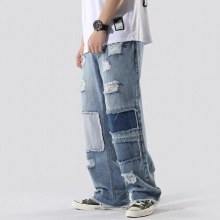 ins French overalls mens loose old pants casual pants stitching ripped hip-hop jeans