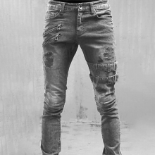 Motorcycle Jeans Men Tight Zip Hole Denim Pants Streetwear Straight Slim Military Tactical Trousers Male
