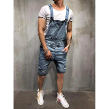 Mens Suspender Denim Jumpsuit Fashionable Holes Jeans Shorts Overalls Knee Length Bibs Cargo Pants