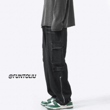 Retro High Street Overalls Pocket Loose Cargo Denim Jeans Cowboy Jeans Pants Mens Big Pocket Zipper Leg Opening