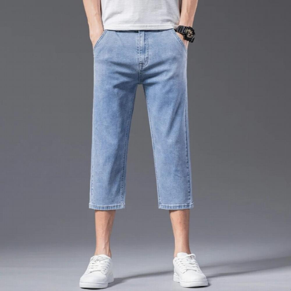 Summer Mens Smoke Grey Thin Short Jeans Anti-theft Zipper Stretch Regular Fit Denim Calf-length Pants Male Clothes-image-OPC-PCQRDMP-NEW