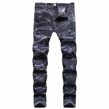 Mens Straight Jeans Teenagers Stretch Personality Tie-Dyed Ripped Denim Trousers