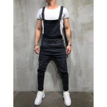 Men Distressed Denim Carpenter Overalls Bib Jumpsuits Moto Biker Jean Pants Sleeveless Street Wear