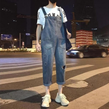 Mens Denim Jumpsuit Ripped Loose Overalls Man Nine Point Pants Male Suspenders Pants Hole Streetwear Vintage S-5XL