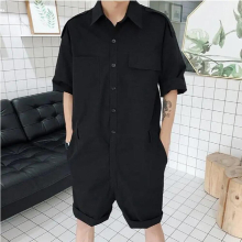 Men Cargo Overalls Punk Style Pockets Pants Loose Solid Short Sleeve Rompers Men Jumpsuit Streetwear Summer