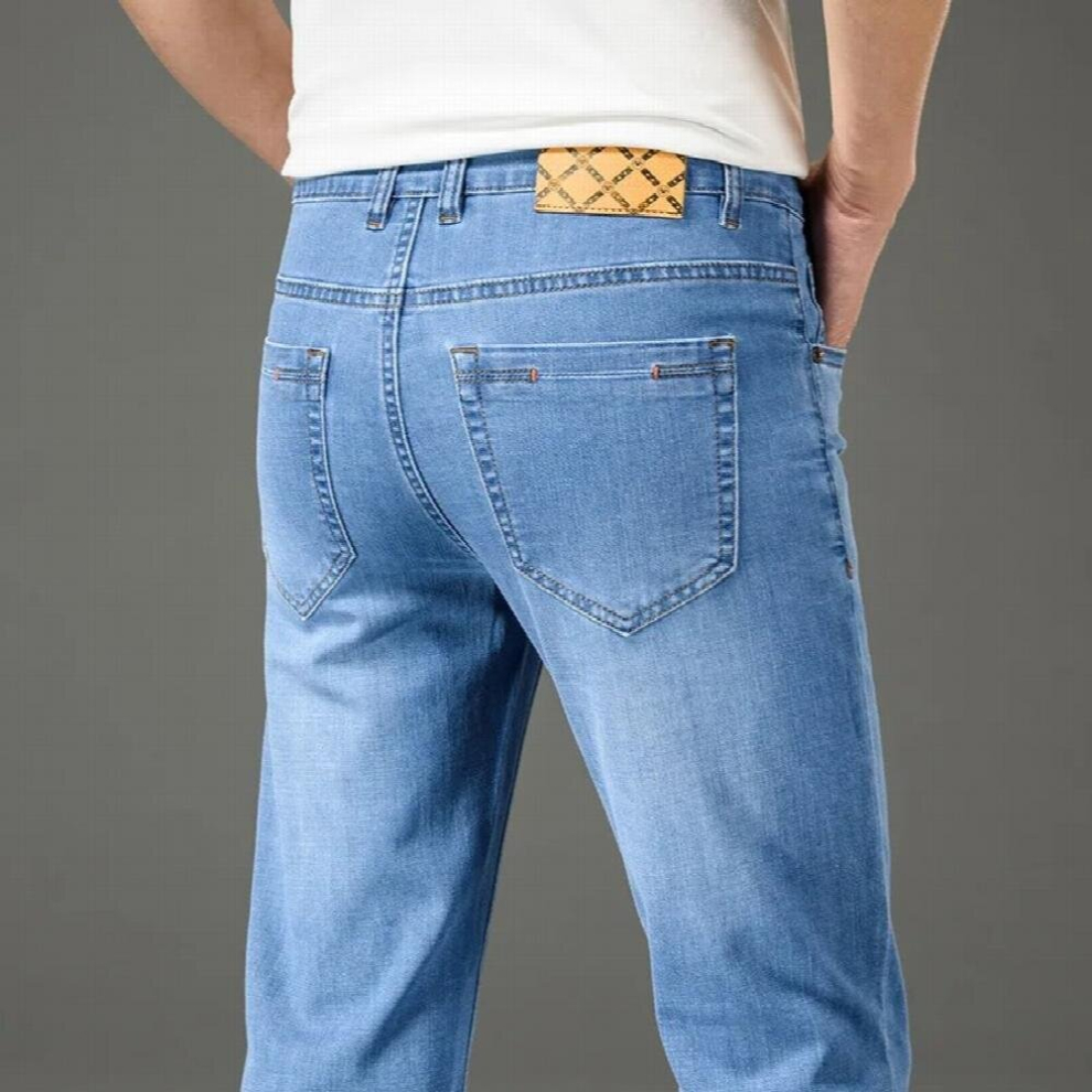Spring Summer Mens Light Thin Cotton Jeans Classic Business Stretch Denim Pants Male Grey Trousers-image-OPC-PCQRNKM-NEW