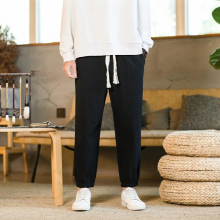 Autumn Cotton Linen Cropped Pants Chinese Style Retro Loose Streetwear Mens Trousers Large Belt Casual Harem Pants