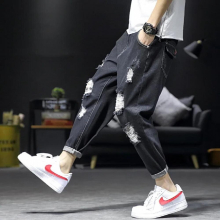 Teenagers Cowboy Denim Japanese Loose Ripped Jeans Mens Rotten Pants Straight Scratched Beggar Harem Pants